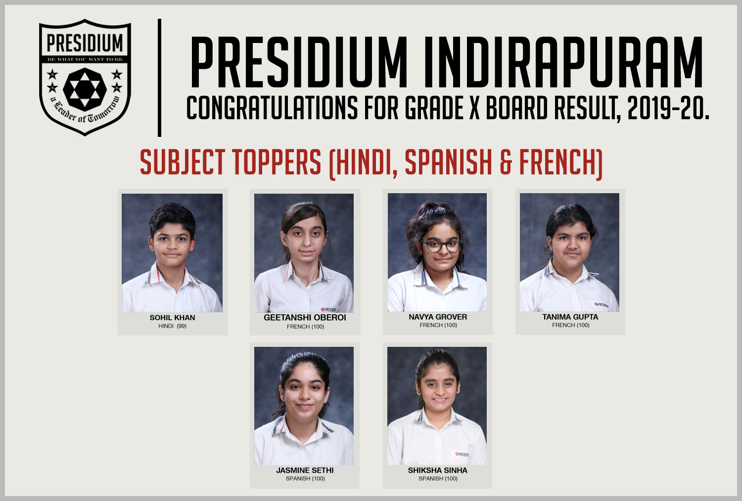 Presidium Indirapuram, KUDOS PRESIDIANS FOR EXCEPTIONAL XTH BOARD RESULTS (2019-20)